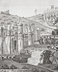 Król Karol VII, po opuszczeniu Rouen, wyrusza na oblężenie miasta Harfleur, po miniaturze z XV-wiecznego rękopisu Chroniques de Monstrelet, z Science and Literature in The Middle Ages autorstwa Paula Lacroix pub. Londyn 1878