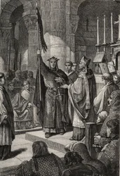 Król Ludwik VII (1120-1180) przejmuje oriflame w Bazylice Saint Denis (Saint Denis) w obecności królowej Akwitanii Alienor i odbiera trzmiel i pannetiere pelerin z rąk papieża Eugeniusza III (? -1153) przed jego odejściem