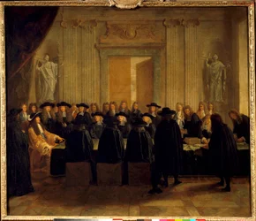 Król Ludwik XIV (1638-1715) trzymający pieczęcie w obecności Radnych Stanu i Mistrza Prośb, podczas gdy on sam sprawował urząd kanclerza Francji od lutego do kwietnia 1672 r. Malarstwo anonimowe. XVII w. niedz. 1,10 x 1,28 m²