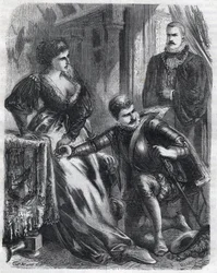 Król Filip II (1527-1598) zaskakuje swojego syna, księcia Don Carlosa (1545-1568), próbującego pogwałcić swoją teściową (macochę), królową Elżbietę (1545-1568) (Elizabeth z Francji lub Isabelle of Valois) , 17 stycznia