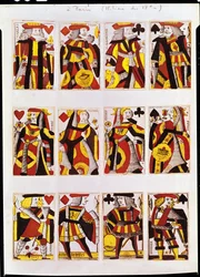 Karty do gry King, Queen i Jack (kolorowe drzeworyty)