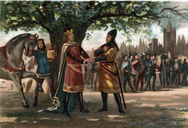 Król Francji Filip August (1165-1223) spotkał Króla Ryszarda Lwie Serce w Saint Denis podczas zdobywania Oriflame. Chromolitografia około 1890 r.