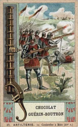 Rycerz manewrujący kulą ręczną z XV wieku. Chromolitografia z XIX wieku czekolad Guérin-Boutron.