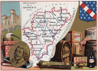 La Charente (16), Poitou-Charentes (Poitou Charentes), Francja. Portret Honore de Balzac (1799-1850), francuskiego pisarza. Lokalna specjalność: brandy, szafran, papier, pościel, olej, brandy. Seria o francuskich departamentach. Chromolitografia (Chromo) „