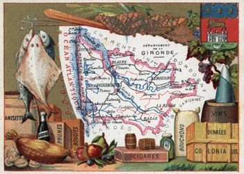 La Gironde (33), Akwitania, Francja. Lokalna specjalność: ryby, anyż, wino Bordeaux, śliwki, świece, cygara, korki i potrawy kolonialne. Seria o francuskich departamentach. Chromolitografia (Chromo) „”nić geograficzna””, ok. 1920 r. Zbiory prywatne.