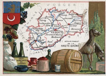 Haute-Saone (Haute Saone, 70), Franche Comte (Franche-Comte), Francja. Mąka, Luxeuil Minerales, kirschwasser (kirsch). Seria o francuskich departamentach. Chromolitografia (Chromo) „”nić geograficzna””, ok. 1920 r. Ze zbiorów prywatnych.