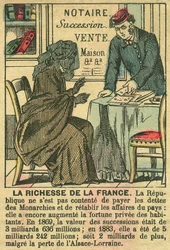 La Riche de la France, ilustrujący korzyści płynące z Trzeciej Republiki dla osobistego wzbogacenia się Francuzów. Rycina zamieszczona w "Le Figaro, dodatek", 30/03/1889, Paryż.