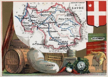 La Savoie (73), Rodan-Alpy (Rodan-Alpy), Francja. Seria o francuskich departamentach. Lokalna specjalność: olej z orzechów włoskich, wino, zboża, kirschwasser (kirsch), ser, gaza komorowa i skóra. Chromolitografia (Chromo) „”nić geograficzna””, ok. 1920 r.