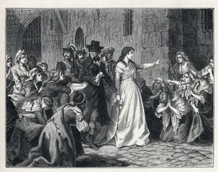 La Terreur podczas Rewolucji Francuskiej: Madame Jeanne Marie Roland de la Platiere (1754-1793) opuszcza więzienie Concierge, by stanąć przed Sądem Rewolucyjnym w 1793 roku. Jego współpracownicy klękają na jego drodze.