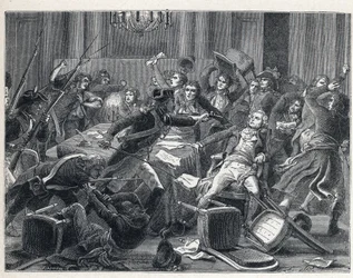 La Terreur podczas Rewolucji Francuskiej: aresztowanie Maksymiliana de Robespierre (1758-1794) i jego zwolenników ponownie spotkali się w Hotel de Ville de Paris 9 termidora roku II (27 lipca 1794). W centrum żandarm strzelił z pistoletu w Robespierre