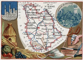 La Vienne (86), Poitou-Charentes (Poitou Charentes), Francja. Nasiona, sztućce Chatellerault i wyroby pończosznicze. Seria o francuskich departamentach. Chromolitografia (Chromo) „”nić geograficzna””, ok. 1920 r. Zbiory prywatne.