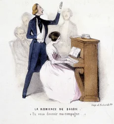 The Salon Romance: Man Singing Accompaniment at the Piano by a Woman, Lonsay, c. 1845.