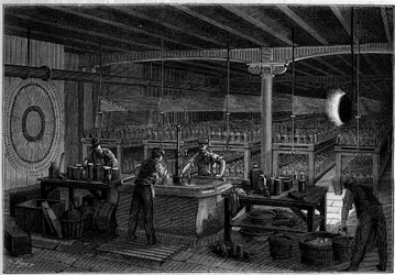 Akumulatorownia (powierzchnia 400 metrów kwadratowych) centrali telegrafów w Paryżu. w naturze. Przegląd nauki i jej zastosowań w sztuce i przemyśle. 1884.