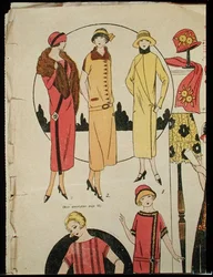 Damskie sukienki i płaszcz, ilustracja z „La Mode du Jour”