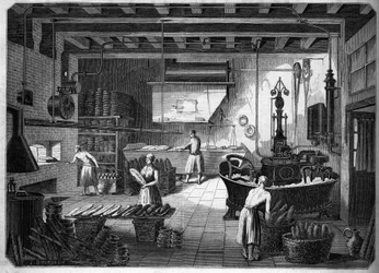 Wielki francuski przemysł w XIX wieku: urządzenia Drouot do pieczenia. Fournil de M. Courcier, rue Saint Maur w Paryżu. W „Le Monde sławny”” 1862.