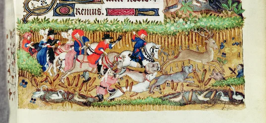 Lat 1156 B f.163 Listopad; polowanie na jelenie, z Godzin Marguerite dOrleans, 1426-38