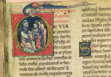 Lat 5128 f.1 Piotr Pustelnik rozdaje krzyże, z "Historii Jerozolimy..." mnicha Roberta (pergamin)
