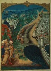 Lat 6067 f.50v Główny doradca Mohammeda II, prawdopodobnie Miseh Paleologue, kierujący operacjami tureckimi, ok. 1480, z Historii oblężenia Rodos, Guillaume Caoursin, 1483