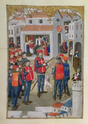 Lat 6067 fol.33v Rycerze św. Jana z Jerozolimy przygotowują się do obrony Rodos, z Historii oblężenia Rodos, Guillaume Caoursin, 1483