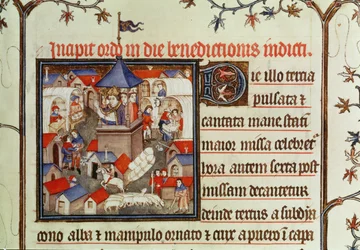 Lat 962 f.264 Miniatura biskupa błogosławiącego doroczny jarmark lub jarmark odbywający się przez dwa tygodnie w czerwcu na równinach św. Denisa, od pontyfikatu, 1301-1400