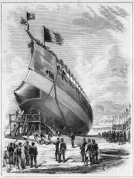 Wodowanie pancernika „La Galissonniere””, 7 maja 1872 r. w porcie Brest, Finistere (29). Grawer w „” Le Monde Illustré”” nr 789 z 25 maja 1872 r.
