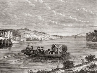 Układanie kabla telegraficznego pod amerykańską rzeką ok. 1860, z Les Merveilles de la Science, opublikowane ok. 1870 (rycina)