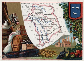 Le Cher (18), Centrum, Francja. Seria o francuskich departamentach. Piwo, jęczmień, skóry, wino i noże. Chromolitografia (Chromo) „”nić geograficzna””, ok. 1920 r. Zbiory prywatne.