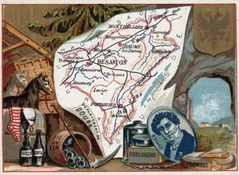 Le Doubs (25), Franche Comte (Franche-Comte), Francja. Portret Georgesa Cuviera (1764-1832), francuskiego paleontologa. Miejscowa specjalność: kirsz, piołun, zegarmistrzostwo, drut i rolnictwo. Seria o francuskich departamentach. Chromolitografia (Chromo) 