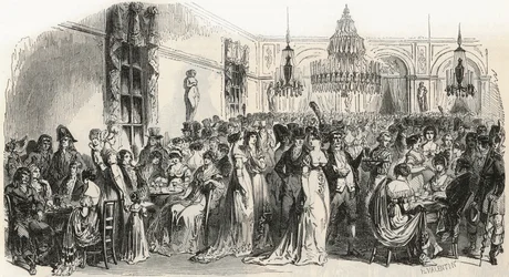 Grand Salon du cafe Frascati w Paryżu w XIX wieku - Grawerowanie w „Tableau-de-Paris” autorstwa Edmonda Texiera 1852