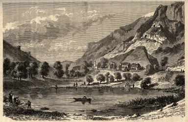 Le Lauzet-Ubaye - Le lac du Lauzet - gmina w departamencie Alpes-de-Haute-Provence w południowo-wschodniej Francji - grawerowanie w „” PATRIE”” - PECTUREQUIREQUE OPIS FRANCJI W 6 TOMACH WG LUCIENA HUARDA - koniec XIX wieku