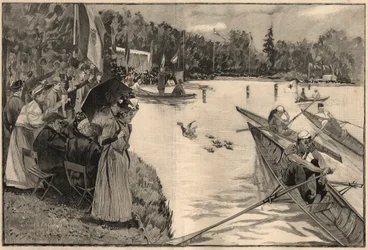 Le Lendit de Paris: Regaty szkolne w Grand lac du Bois de Boulogne - Grawerowanie z 1894 roku według rysunku pana Lunela
