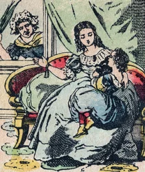 Le Pere Fouettard, francuska postać ojca do bicia, legendarna postać folkloru karząca niegrzeczne dzieci: jego żona, La Mere Fouettard matka do bicia, która nie upomina mądrych dzieci - obraz Epinal