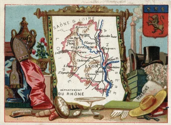 Le Rhone (69), Rodan-Alpy (Rodan-Alpy), Francja. Lokalna specjalność: jedwab, brąz, koronka. Seria o francuskich departamentach. Chromolitografia (Chromo) „”nić geograficzna””, ok. 1920 r. Zbiory prywatne.