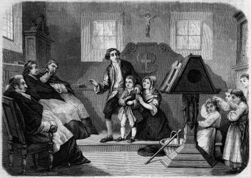 Le Salon de 1857 - Pierwszy debiut Lesueura, kompozytora muzyki, autorstwa Laurenta Detouche. Jean Francois Lesueur (1760-1837), as chłopiec chóru. Grawer w „Le Monde Illustré” nr 22 z dnia 12 września 1857 r.