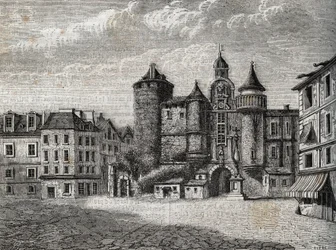 Le Vieux Paris - le Grand Chatelet - Grawerowanie w „”Fizycznej, obywatelskiej i moralnej historii Paryża: od najwcześniejszych czasów historycznych do współczesności” Jacques Antoine Dulaure