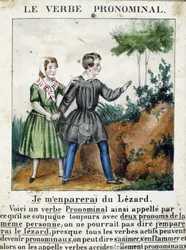 Lekcja czasowników zaimkowych. W „”La grammar en images””, album na ulotkę, ok. 1850 r.