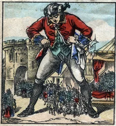 Lemuel Gulliver w krainie Lilliputów. Ilustracja do „Podróży Guliwera” Jonathana Swifta (1667-1745). Obrazowanie epinal pod koniec XIX wieku.