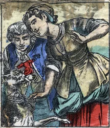 Lemuel Gulliver w krainie gigantów Brobdingnag. Ilustracja do „Podróży Guliwera” Jonathana Swifta (1667-1745). Obrazowanie epinal pod koniec XIX wieku.