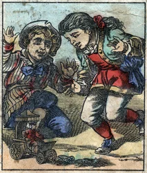 Lemuel Gulliver jest używany jako zabawka przez gigantyczne dzieci z Brobdingnag. Ilustracja do „Podróży Guliwera” Jonathana Swifta (1667-1745). Obrazowanie epinal pod koniec XIX wieku.