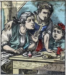 Lemuel Gulliver na stole rodziny Glumdalclitch, w krainie gigantów Brobdingnag. Ilustracja do „Podróży Guliwera” Jonathana Swifta (1667-1745). Obrazowanie epinal pod koniec XIX wieku.