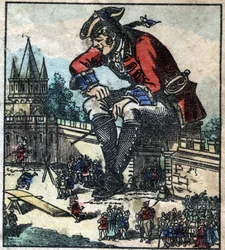 Lemuel Gulliver siedzący na murach obronnych miasta wyjaśnia strategię liliputowskiej armii. Ilustracja do „Podróży Guliwera” Jonathana Swifta (1667-1745). Obrazowanie epinal pod koniec XIX wieku.
