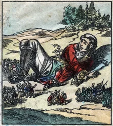 Lemuel Gulliver obudził się po rozbiciu statku i został wzięty do niewoli przez Lilliputów. Ilustracja do „Podróży Guliwera” Jonathana Swifta (1667-1745). Obrazowanie epinal pod koniec XIX wieku.