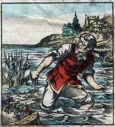 Lemuel Gullliver wystrzelił statki z armii Blefuscu do stołecznego portu Lilliput. Ilustracja do „Podróży Guliwera” Jonathana Swifta (1667-1745). Obrazowanie epinal pod koniec XIX wieku.