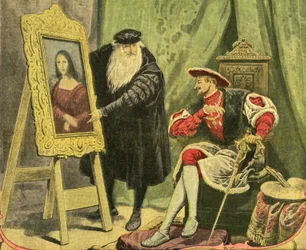 Leonard de Vinci prezentuje swój obraz La Mona Lisa (Mona Lisa, Monna Lisa) Francoisowi 1erowi, który kupił go za 4000 złotych guldenów (15 kilogramów złota) w 1517 roku. Rycina na okładce ilustrowanego dodatku do Petiure Journal nr 1206, 28/12/1913.