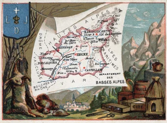 Les Basse Alpes (Basse-Alpes), dziś departament Alpes-de-Haute-Provence (Alpes de Haute-Provence 04), Francja. Lokalna specjalność: myślistwo, wosk, miód, bakalie i olej. Seria o francuskich departamentach. Chromolitografia (Chromo) „” geograficzna