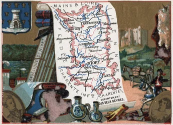 Les Deux Sevres (Deux-Sevres, 79), Poitou Charente (Poitou-Charente), Francja. Anielska Niort. Seria o francuskich departamentach. Chromolitografia (Chromo) „”nić geograficzna””, ok. 1920 r. Zbiory prywatne.