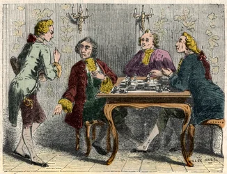 Szachiści kawiarni Procope w Paryżu w XVIII wieku - Grawerowanie w „Tableau-de-Paris” Edmonda Texiera 1852