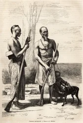 Łowcy gór z wyspy Formosa, rycina wg rysunku D.Maillarda ilustrującego podróż do Chin J.Thompsona, w latach 1870-1872, opublikowana w „Le tour du monde””” 1875, pod redakcją Edouarda Chartona, Wydanie Hachette, Paryż. Selva Collecti