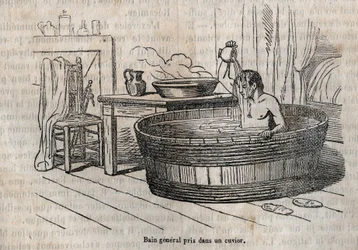Gesty w kąpieli - Higiena w XIX wieku - kąpiel w misce - grawer w „La Sante Universelle - Guide Medical des Familles” 1852