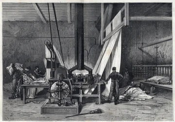 Duże fabryki - Dyeing erie Boutarel w Clichy la Garenne - Le mesh des Etoffes - grawerowanie z 1869 roku